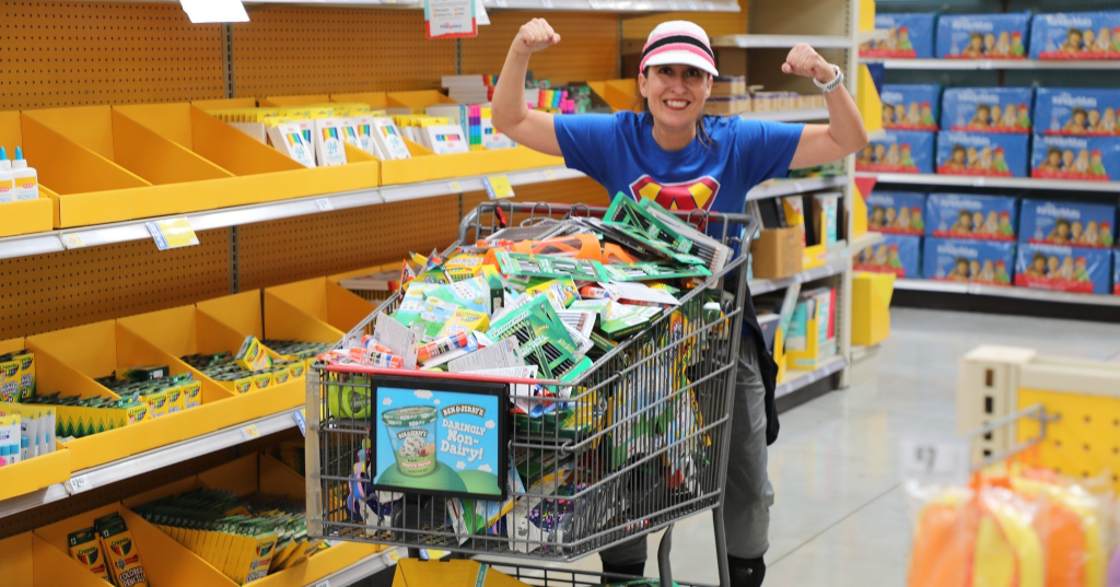 SSAISD school supplies event shows teacher with shopping spree items