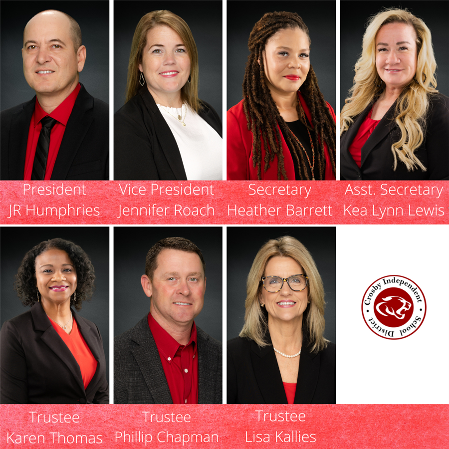 Photos of Crosby ISD Board of Trustees and Secretaries.