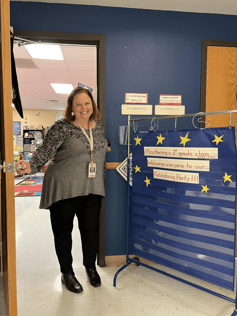 Teacher welcoming guests