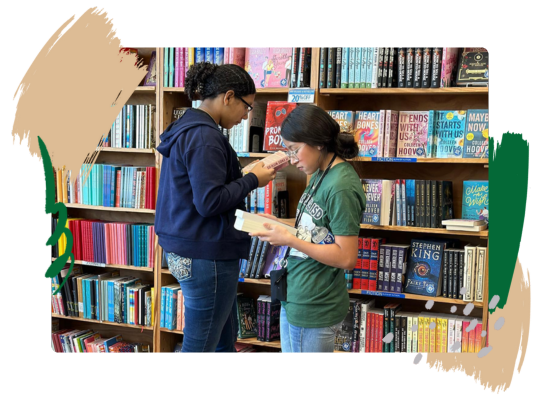 Students from Harlandale ISD's Leal Middle school book club peruse the bookshelves.
