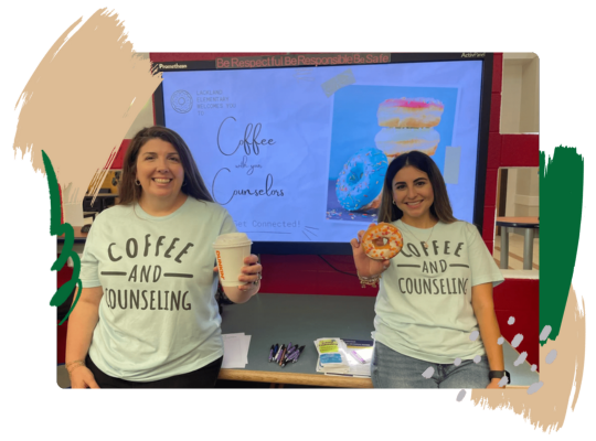 Lackland ISD Counselors hold up coffee cups for Coffee and Counseling event.