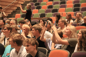 SCUC ISD Visitors from Denmark at the Vejen Business College students in auditorium