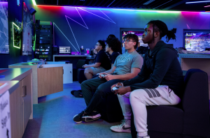 Students play NBA 2k in the new esports classroom at Frisco's CTE center
