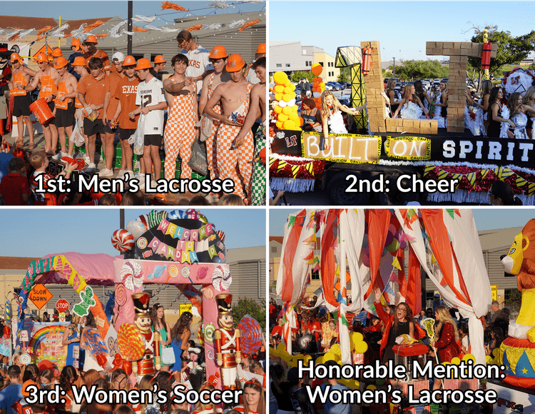 A 4-grid photo showing the contest's winners: Men's Lacrosse (1st), Cheer (2nd), Women's Soccer (3rd), and Women's Lacrosse (Honorable Mention).