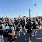 A large squad of student cheerleaders walking down the street.
