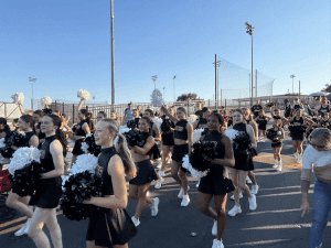 A large squad of student cheerleaders walking down the street.
